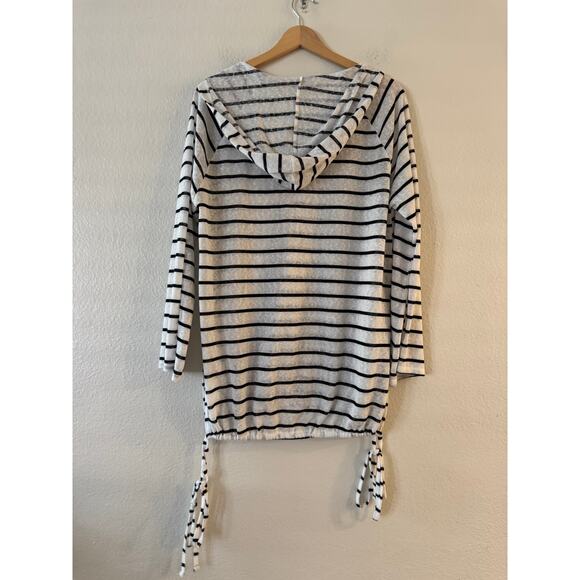Kona Sol Stripe Swim Cover Up Hoodie Size S White Raglan Kangaroo Pocket Tie Hem - Picture 3 of 8